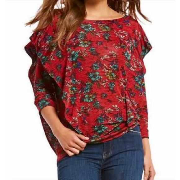 Free People Tops - Free People Dock Street Blouse XS Red Floral Boho Ruffle Slouchy Top